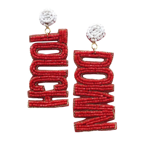 Red & White Felt Back "TOUCH DOWN" Message Beaded Dangle Earrings (Pair)