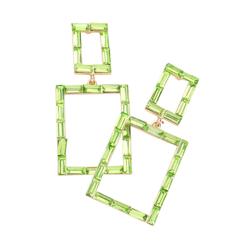 Light Green Baguette Stone Cluster Rectangle Dangle Earrings (Pair)
