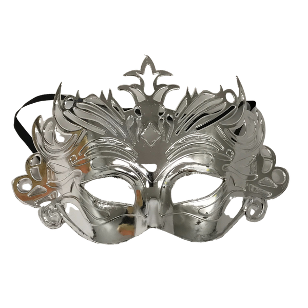 Vintage Silver Plated Brass Mardi Gras Theatrical Face Mask on Stand 9”w x  14”h 