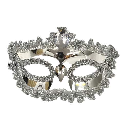 Shiny Silver Mask with Silver Jewel and Ribbon Tie (Each)