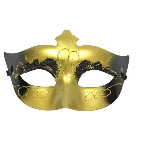 Gold Mask with Black Accents and Glitter Ribbon Tie (Each – Mardi Gras Spot