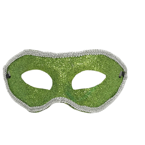 Glittered Green Mask with Silver Trim and Ribbon Tie (Each)