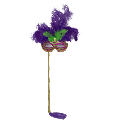 Purple, Green and Gold Striped Mask with Feathers on Stick (Each)