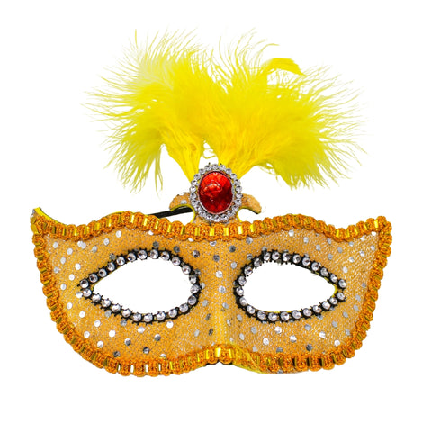 Yellow Feather Mask with Rhinestones with Elastic Band (Each)