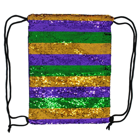 Purple, Green and Gold Reversible Striped Sequin Drawstring Bag - 11.75" x 15.75" (Each)