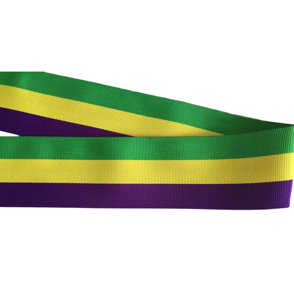 Mardis Gras ribbon in an argyle pattern of green, purple and yellow printed  on 1.5 white grosgrain 10 yards