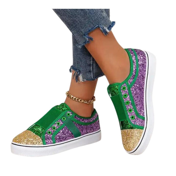 Purple, Green, and Gold Mardi Gras Glitter Sneakers (Pair) 37 Purple, Green, and Gold Mardi Gras Glitter Sneakers (Pair) 37