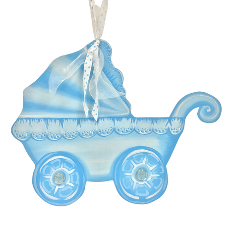 Blue Baby Carriage Wooden Door Hanger (Each)