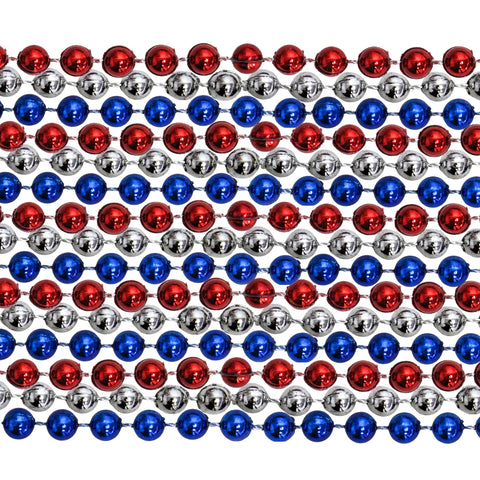 33" Round Metallic Red, Blue and Silver Mardi Gras Beads (6 Dozen - 72 Necklaces)