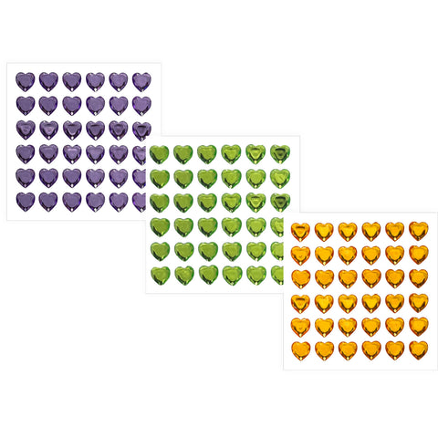 Purple, Yellow, and Green Mardi Gras Heart Face Gems (Pack of 3 Sheets)