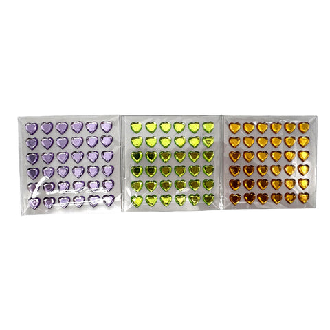 Purple, Yellow, and Green Mardi Gras Heart Face Gems (Pack of 3 Sheets)