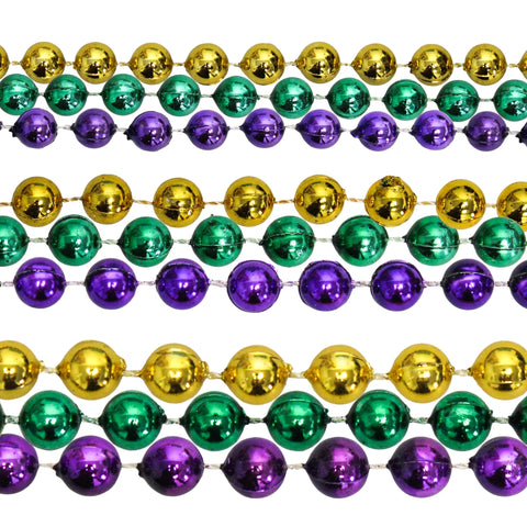 48" Mix 8mm/10mm/12mm Metallic Purple, Gold and Green Mardi Gras Beads - Bag