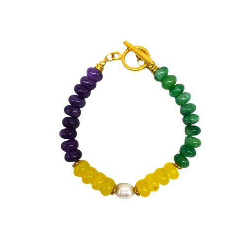 Purple, Green, and Gold Natural Stone Beads and Freshwater Pearl Bracelet (Each)