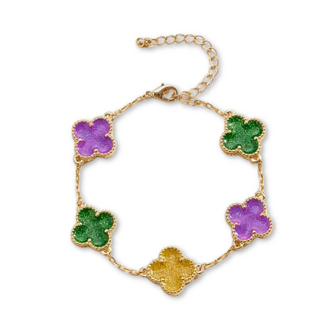 Purple, Green, & Gold Mardi Gras Clover Link Bracelet (Each)