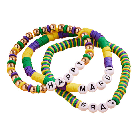 Happy Mardi Gras Beaded Stretch Bracelet (Pack of 3)