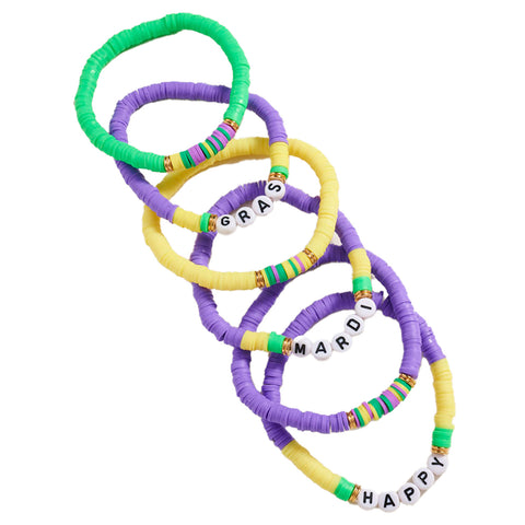 Happy Mardi Gras Beaded Stretch Bracelet (Pack of 6)
