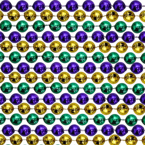 48" 18mm Round Metallic Purple, Gold and Green Mardi Gras Beads - Dozen (12 Necklaces)