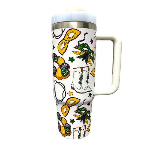 White Mardi Gras Tumbler with Handle (Each)