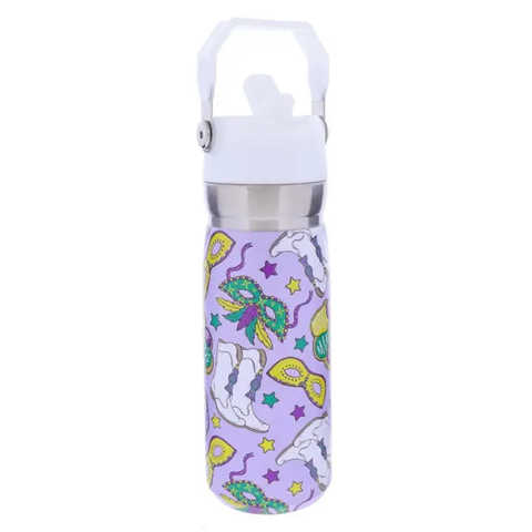 22 oz Mardi Gras Water Bottle with Straw Cap (Each)