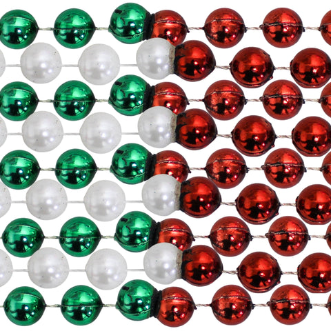 60" 12mm Round Multi Red, Green and Pearl White 6/3 Mardi Gras Beads