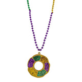 33" 7mm Purple, Green and Gold Bead with Glittered King Cake Medallion (Dozen)