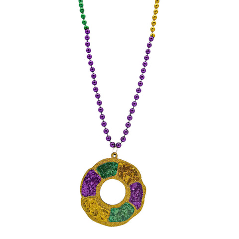 33" 7mm Purple, Green and Gold Bead with Glittered King Cake Medallion (Dozen)