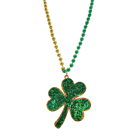 33" 7mm Green and Gold Bead with Glittered Shamrock Medallion (Dozen)