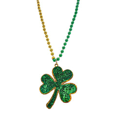 33" 7mm Green and Gold Bead with Glittered Shamrock Medallion (Dozen)