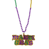 33" 7mm Purple, Green and Gold Bead with Glittered Mardi Gras Medallion (Dozen)