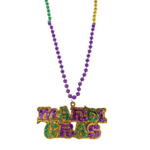 33" 7mm Purple, Green and Gold Bead with Glittered Mardi Gras Medallion (Dozen)