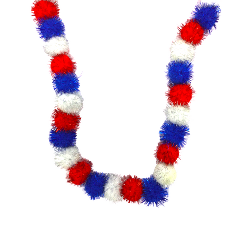 42" Red, White, and Blue Tinsel Pom Pom Necklace (Each)