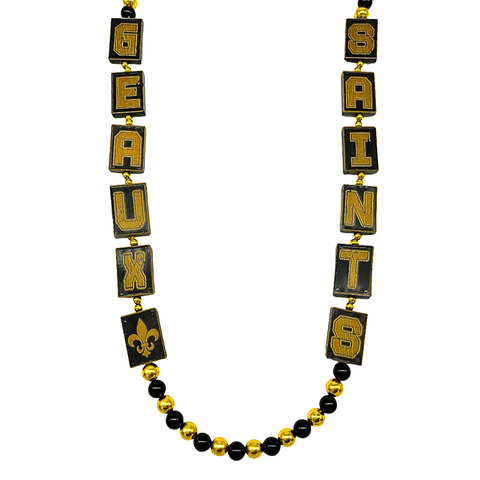 44" Geaux Saints Tile Necklace with 12mm & 6mm Black and Gold Beads (Dozen)