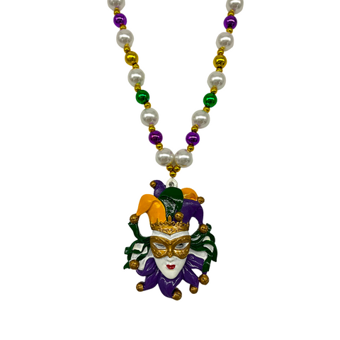 38" Purple, Green, Gold, and Pearl Necklace with Mardi Gras Jester Medallion (Dozen)