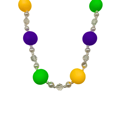 40" 30mm Purple, Green, and Yellow Balls with 14mm Clear 12mm Pearl Beads (Dozen)