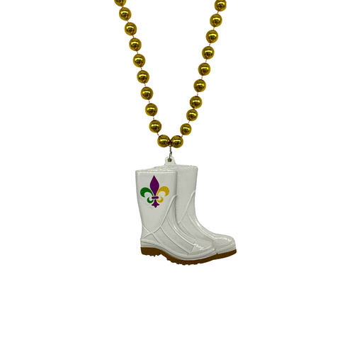 33" 7mm Metallic Gold Necklace with Purple, Green and Gold Fleur De Lis Boot Medallion (Dozen)