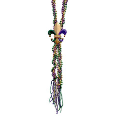 60" Purple, Green and Gold Braided Fleur de Lis Bead with Tassel (Each)