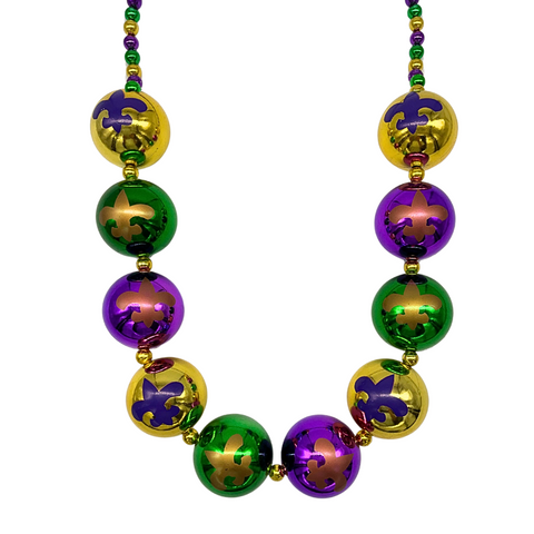 48" 60mm Fleur de Lis Print Purple, Green and Gold Balls Necklace (Each)