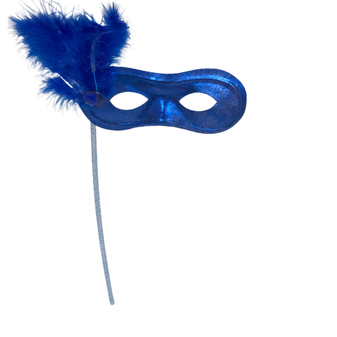 Metallic Royal Blue Mask with Royal Blue Feathers on Side with Blue Handle (Each)