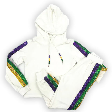 Children's White Mardi Gras Velour Sequin Side Jogger Set (Each)