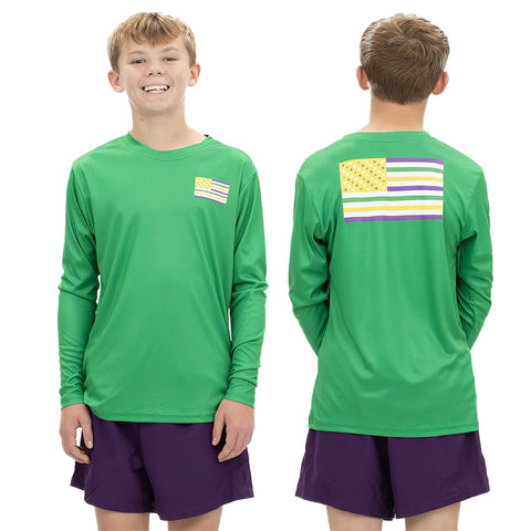 Children's Green Mardi Gras American Flag Dri-Fit T-Shirt (Each)