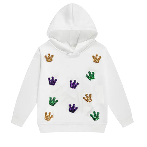 Children's White Mardi Gras Sequin Crown Long Sleeve Hoodie (Each)