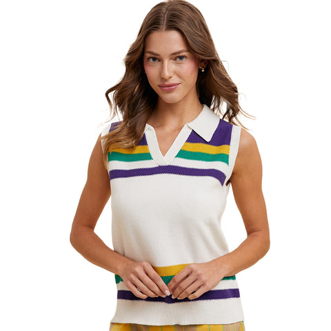 Ivory Mardi Gras Striped Polo Sleeveless Sweater (Each)
