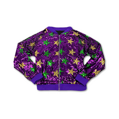 Kid's Purple, Green, and Gold Mardi Gras Stars Sequin Bomber Jacket (Each)