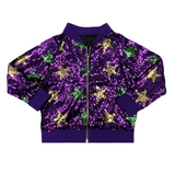 Kids Purple, Green, and Gold Mardi Gras Stars Sequin Bomber Jacket (Each)