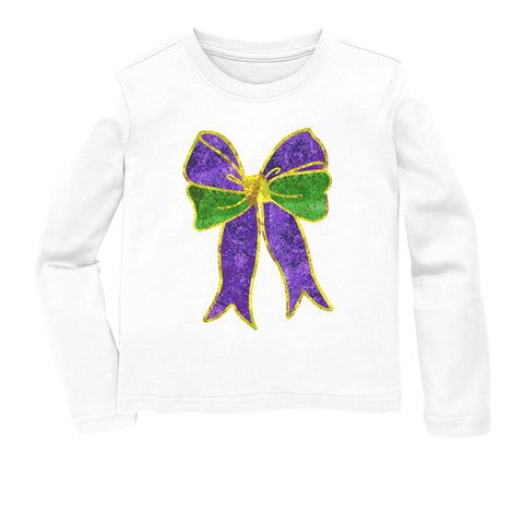 White Long Sleeve Shirt with Purple, Green, and Gold Sequin Bow (Each)