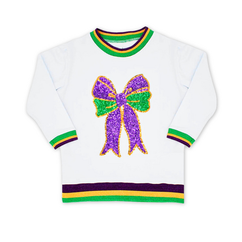 White Long Sleeve Shirt with Purple, Green, and Gold Sequin Bow Kids - (Each)