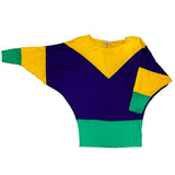 Purple, Green and Yellow Deep V Boat Neck Color Block Long Sleeve Shirt (Each)