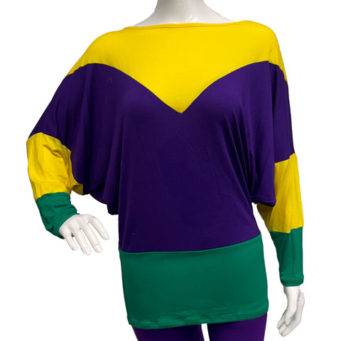Purple, Green and Yellow Deep V Boat Neck Color Block Long Sleeve Shirt (Each)