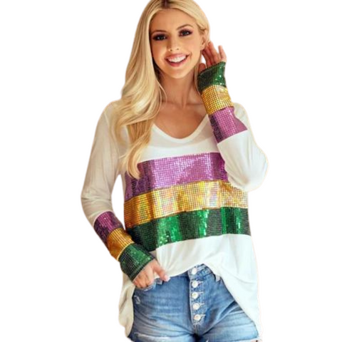 Ivory Long Sleeve Knit Shirt with Purple, Green and Gold Sequin Color Block and Sleeves (Each)