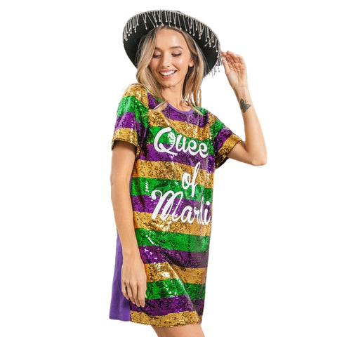 Mardi Gras Printed Color Block Sequins Dress (Each)